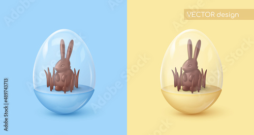 Glossy blue and yellow egg case, box with glass dome and chocolate rabbit, bunny, grass. Happy Easter poster. Vector illustration for card, party, design, flyer, banner, web, advertising.