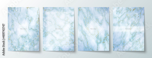 Luxury elegant backgrounds set. Blue marble texture with gold veins and transparent copy space with borders. Modern premium templates in light pastel colors for invitation, card or notebook cover