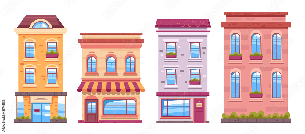 Old fashioned building city street isolated set. Vector flat cartoon graphic design illustration