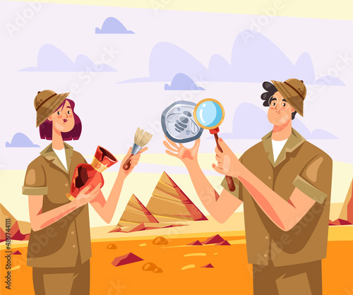 Archeologist people characters man woman discover artifact concept. Vector flat cartoon graphic design illustration