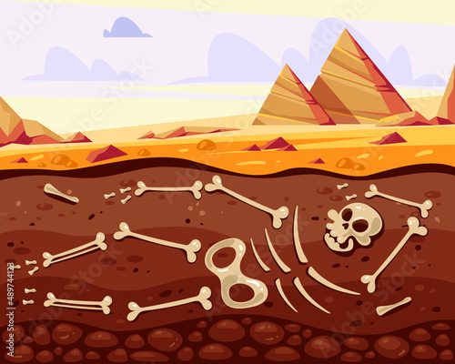 Archeology excavations human skeleton concept. Vector flat cartoon graphic design illustration