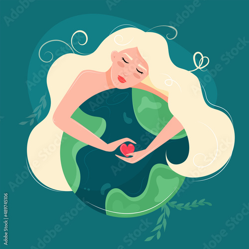 Woman hugging earth planet and holding a heart. Earth day. Concept of Saving environment. peace on earth, stop war. Vector illustration