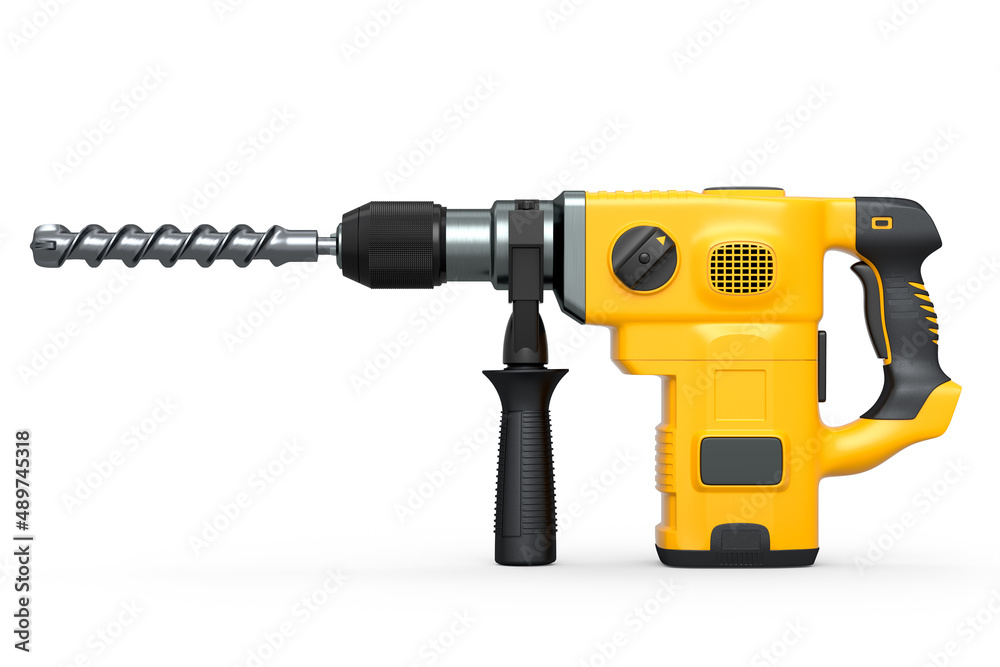 Electric drill with cord and attached metal bit, tool for repair on white Electric drill with cord and attached metal bit, tool for repair on white