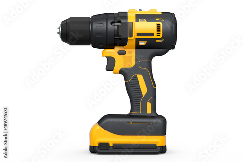 Cordless drill or yellow screwdriver isolated on white background