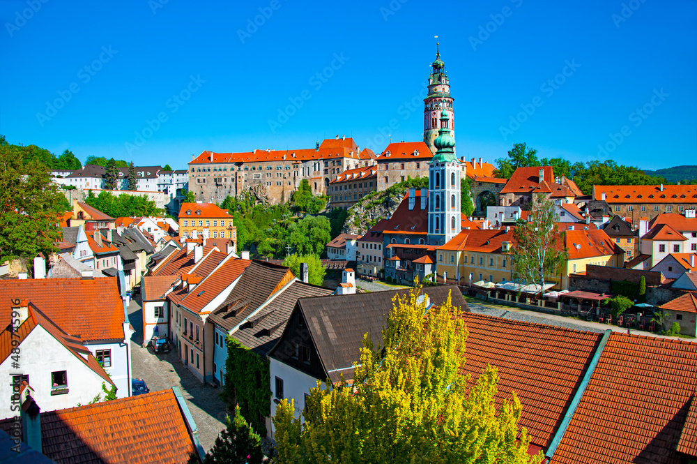 Chesky Krymlov, Czechia - May 4, 2018: View of  the historic Centre of medieval town Český Krumlov in South Bohemia region of Czech republic,  famous for its outstanding architecture. 