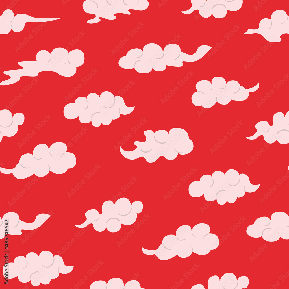 Red seamless pattern with asian clouds. Vector traditional background in chinese, japanese style
