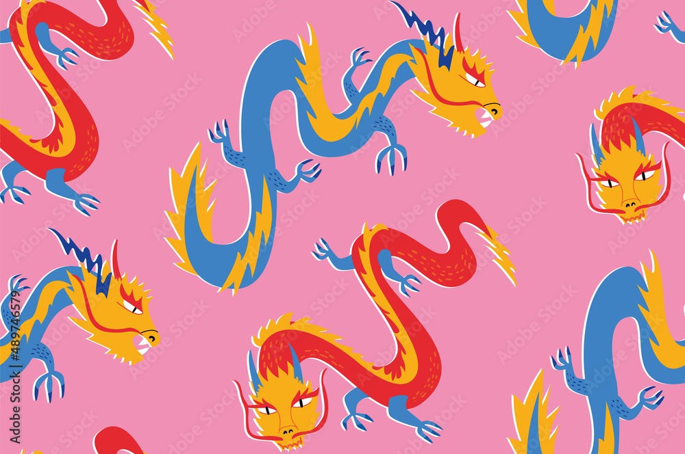 Pink seamless pattern with asian dragons. Japanese, chinese style. Vector background for textile, fashion, wrapping paper