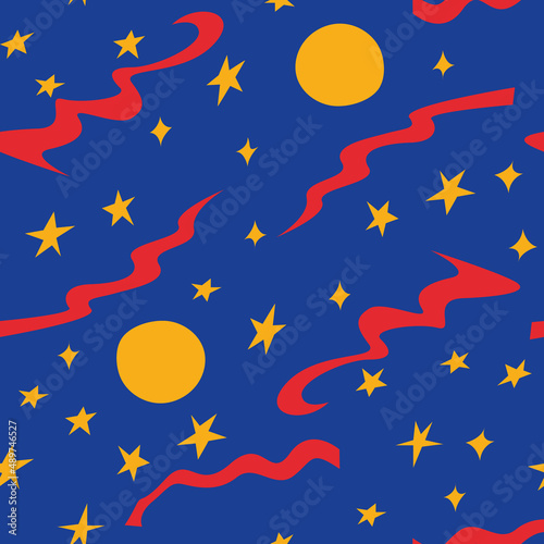 Blue night sky with stars  red ribbons and yellow moon. Vector seamless pattern in asian style. Oriental background