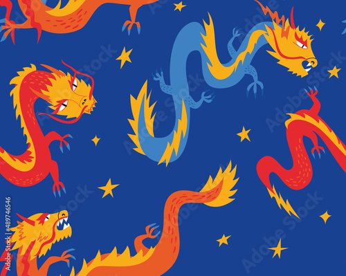 Night sky and asian dragons. Vector seamless pattern in japanese  chinese style. Festive blue background for textile  fashion  scrapbooking etc.