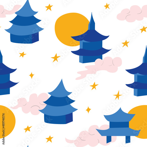 Cute seamless pattern with blue asian pagoda temples, stars, sun and cloud. Dreamy sky. Vector background for textile, fashion, wrapping paper