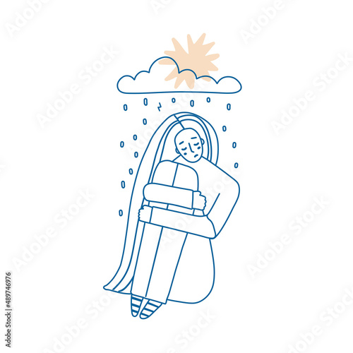 Sad or depressed young woman, feeling lost. Girl sitting and hugging knees. Concept of the patchwork quilt, accusation, public censure, and victim blaming. Vector linear drawing