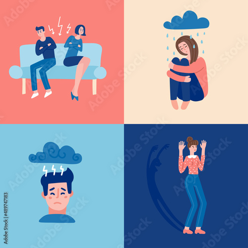 Set of men and women with mental disorders, illnesses, impairments, psychiatric or psychological problems. Collection of mental health metaphors. Flat hand drawn vector illustration.