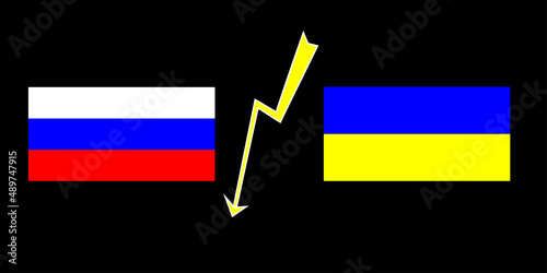 The flag of Russia and Ukraine separated by lightning. The confrontation between the two countries. The concept of war and aggression. Vector graphics.