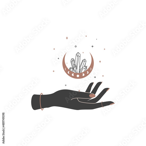 Magic hands with crescent moon with healing crystal in trendy boho style. Alchemy symbol for branding or logo for cosmetics or beauty products. Esoteric and mystical Vector illustration