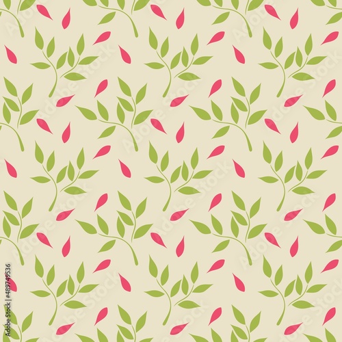 Seamless pattern of minimalistic leaves. Light green pink and beige colors. Vector graphics. Template for packaging, postcards and pastry.