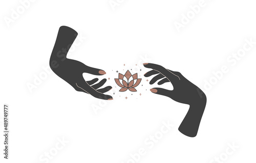 Magic hands with lotus flower in boho style. Black and gold colored alchemy spiritual tribal symbol for create branding name or logo. Esoteric and mystical design element. Vector illustration