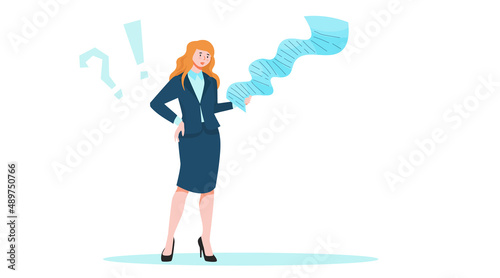 business woman is holding a long list of requirements, check, duties, rules. Financial statements. Vector illustration