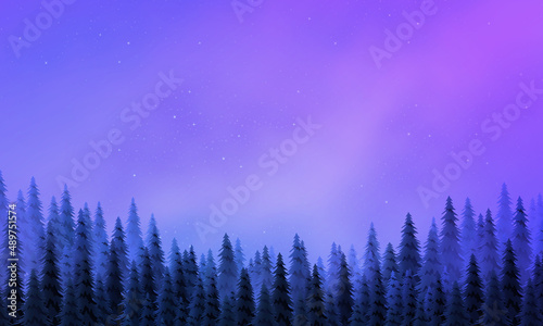 Purple night sky with fir trees
