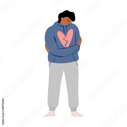 Heartbroken guy hugging himself. Loneliness, empathy, feeling lost, depression concept. Vector character illustration.