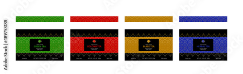 Gold tea package chinese set for decoration design. Green, oolong and black drink label on white background