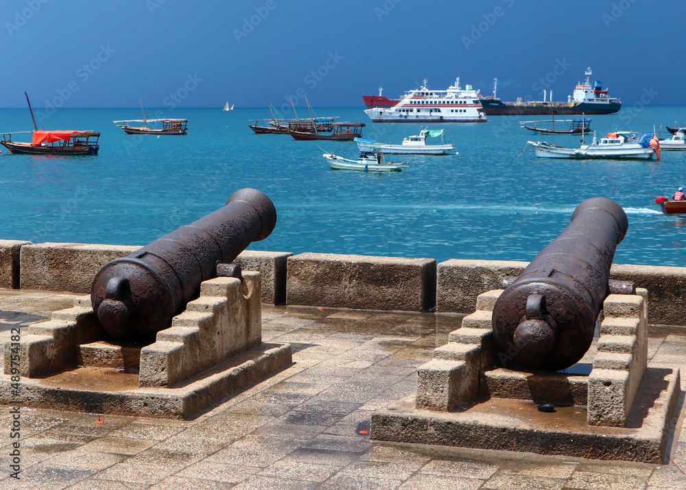 Cannons at the Forodhani Park and the Old Harbor of Stone Town, in Zanzibar island, Tanzania, Africa. 