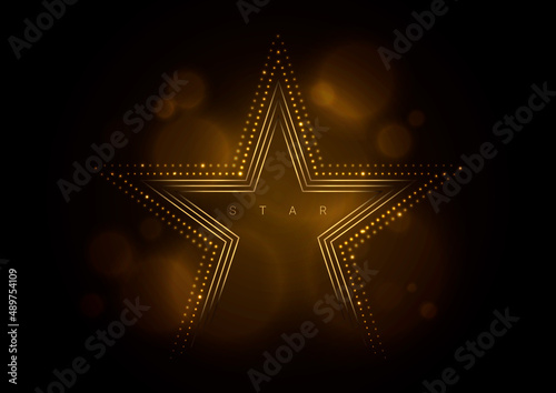 Glowing golden star, award template on black background.