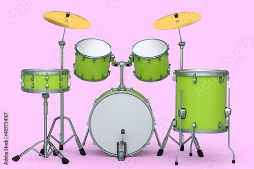 Set of realistic drums with metal cymbals or drumset on pink background © Vasyl Onyskiv