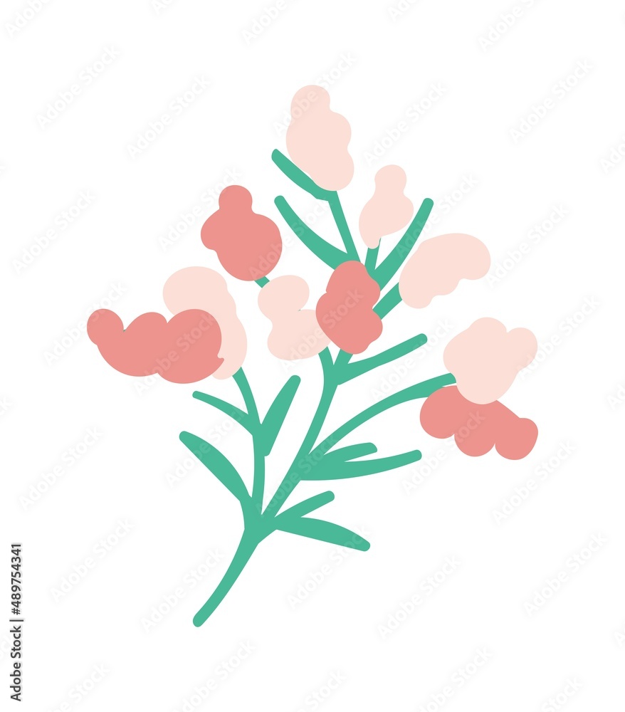Twig with inflorescences and leaves for design. Hello spring. Beautiful branch with flowers for greeting cards, posters, cards, stickers, decorations. Vector illustration on isolated white background