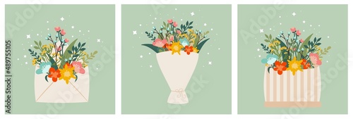 Happy Women March 8. Set cute postcard, a poster with a bouquet of flowers and stars. Spring composition, congratulations to mothers. Vector illustration on a delicate green background.