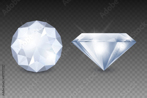 Vector 3d Realistic White Transparent Gemstone, Diamond, Crystal, Rhinestones Icon Set Closeup Isolated. Jewerly Concept. Design Template, Clipart. Top and Side View