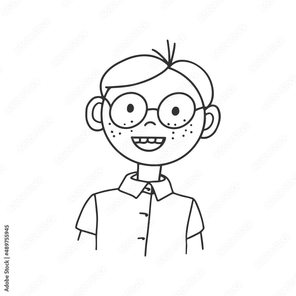 Contour drawing of a cartoon man with glasses. Doodle style