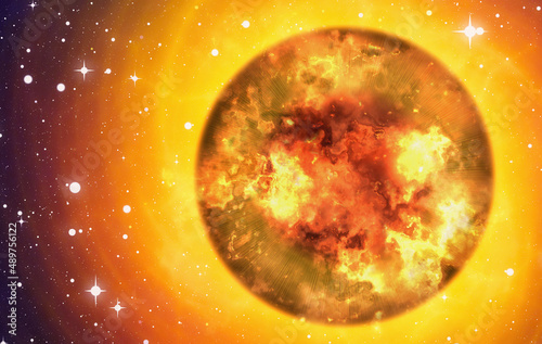 burning planet on space stars background. fire burst