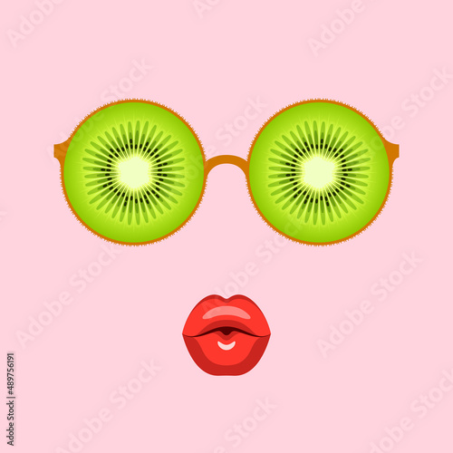 Eyeglasses with slices of ripe kiwifruit and lips blowing air kiss