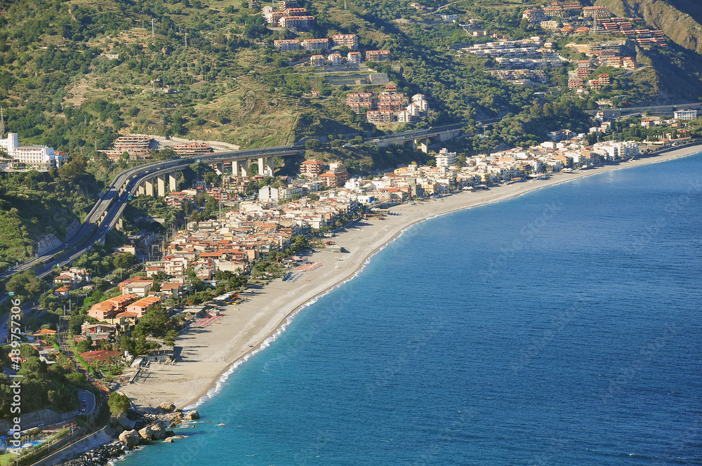 Aerial coast view by the Ionian Sea. Taormina.