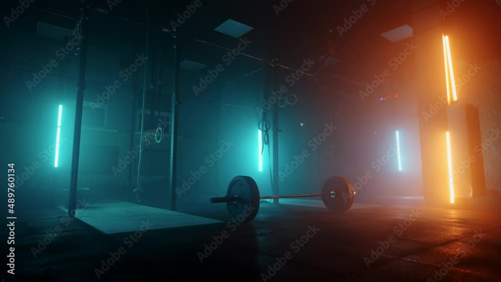 empty gymnastic hall with sporty equipment for weightlifting and athletics, darkness with lights