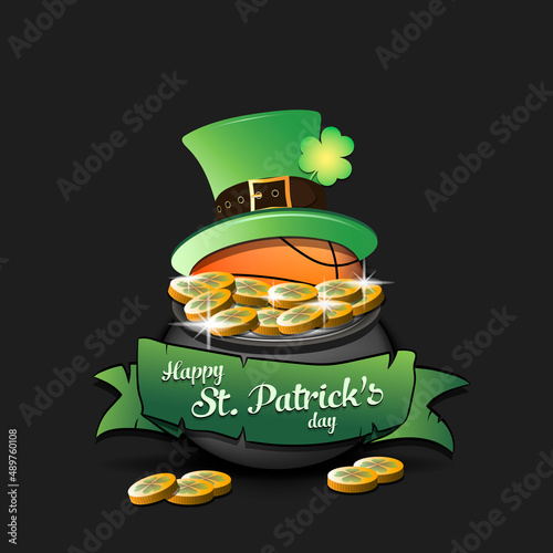 Happy St. Patricks day. Basketball ball in leprechaun hat in pot with gold coins. Pattern design for logo, banner, poster, greeting card, party invitation. Vector illustration on isolated background