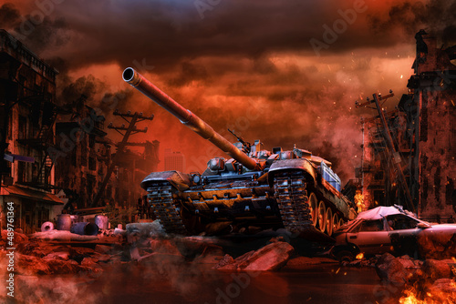 Obraz na plátně Russian tank on ruined Ukrainian city
