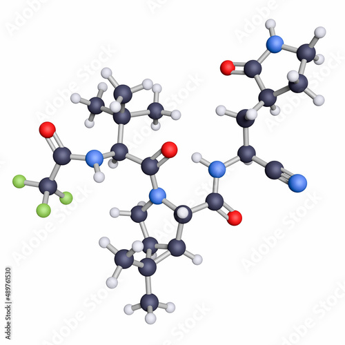 Nirmatrelvir is an antiviral medication for Covid-19. The drug is a protease inhibitor that acts on the spike protein of the SARS-CoV-2 virus. (C = black, H = white, N = blue, O = red, F = green) photo