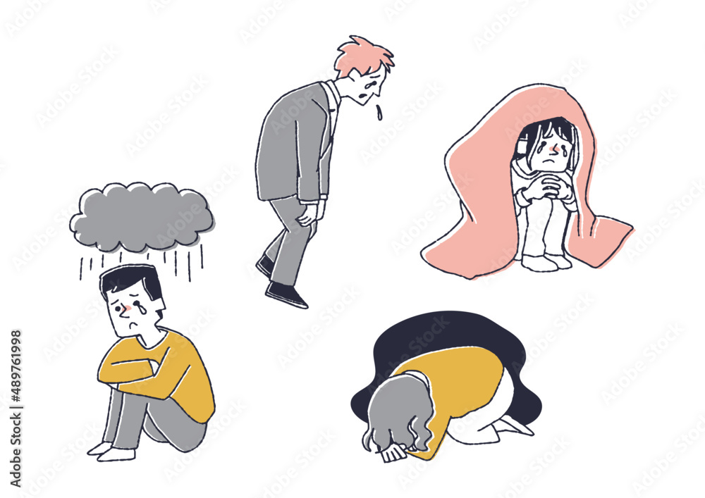 落ち込んでいる人々のセット コミカルな手書きの人物イラスト ベクター線画にシンプルな色つけ 白バック Stock Vector Adobe Stock