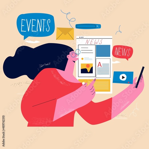 Online news content, headlines, news update, news website, electronic newspaper flat vector illustration. News webpage, information about activities, events, company announcements and information