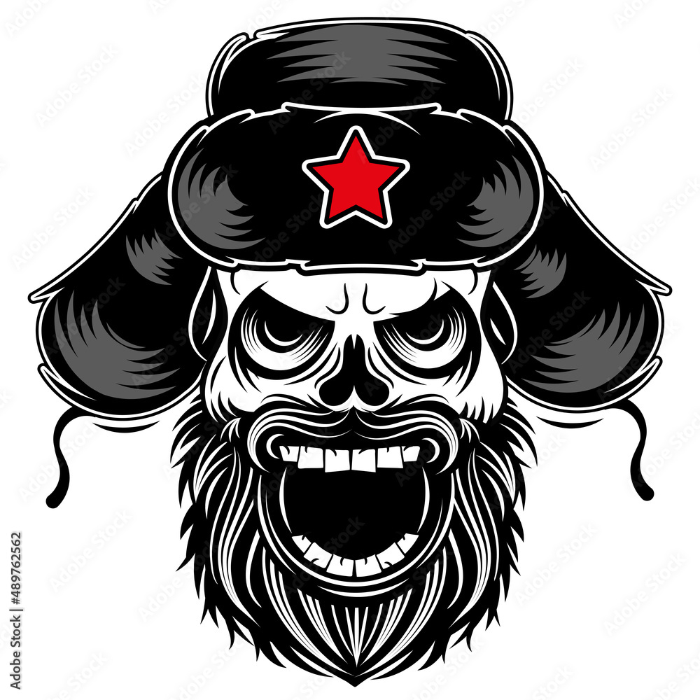 The furious, evil muzzle of a terrible Russian skull in an earflap hat