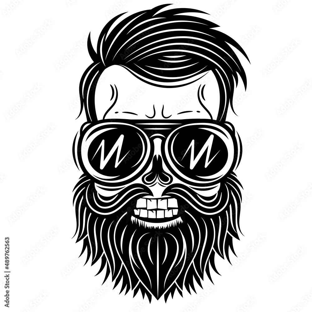 Monochrome illustration of a skull with a beard, mustache, hipster haircut and sunglasses. Isolated