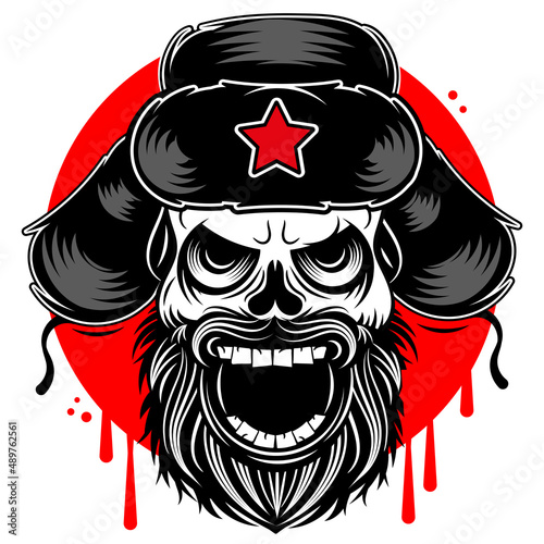 The furious, evil muzzle of a terrible Russian skull in an earflap hat with an open mouth and terrible teeth as a symbol of strength and aggressiveness.
