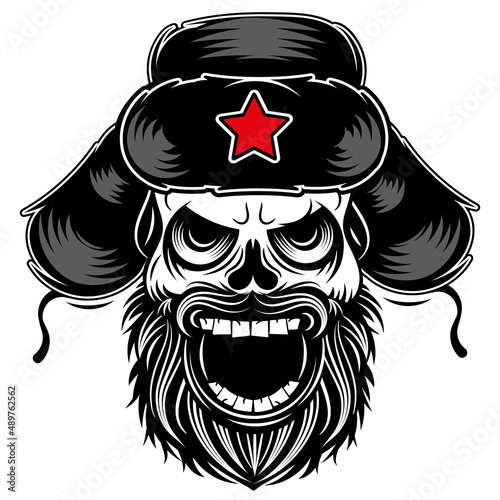 The furious, evil muzzle of a terrible Russian skull in an earflap hat with an open mouth and terrible teeth as a symbol of strength and aggressiveness.