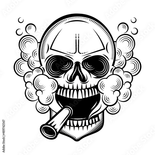 Hand drawn human skull smoking cigar and wearing sunglasses on background. Vector
