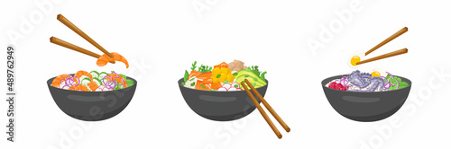 Vegetable and seafood poke bowls set with chopsticks . Vector stock illustration isolated on white background for salad bar menu fast food restaurant with healthy, bio, organic meals. 