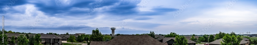 Panoramic view from the rooftop showing skyline of a midwest American suburb