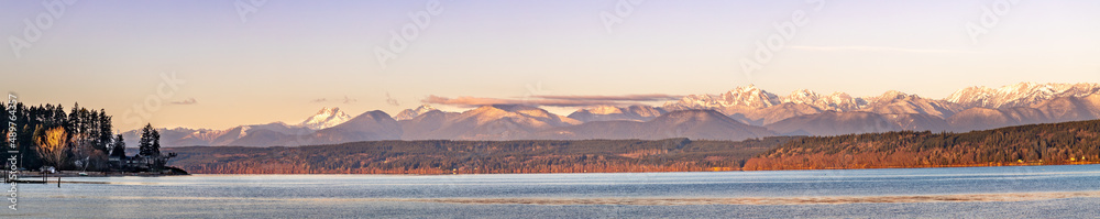 Panorama of Olympic Mountain Range with Hood Canal in Foreground