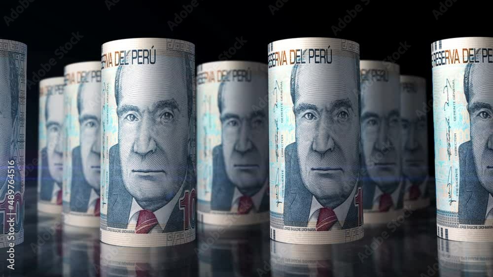 Peruvian Soles money rolls loop 3d animation. Camera moving in front of the PEN rolling banknotes. Seamless loopable concept of economy, finance, business and debt in Peru. Peruvian Soles money rolls loop 3d animation. Camera moving in front of the PEN rolling banknotes. Seamless loopable concept of economy, finance, business and debt in Peru.