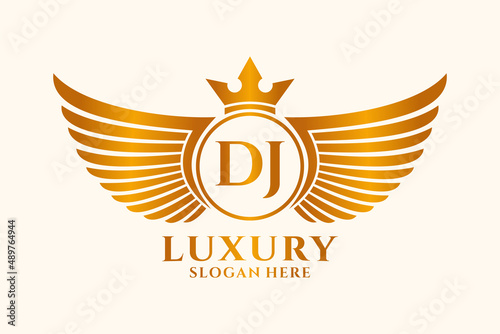 Luxury royal wing Letter DJ crest Gold color Logo vector, Victory logo, crest logo, wing logo, vector logo template.